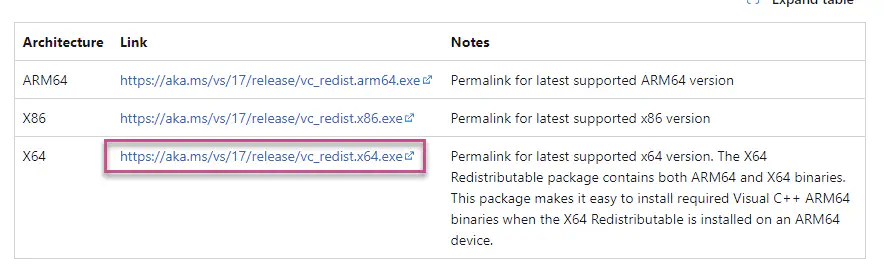 Microsoft Visual C++ Redistributable web download link