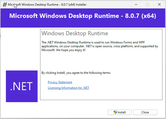 .NET desktop runtime installer