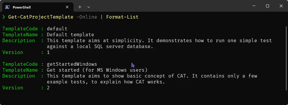 CAT project templates listed in PowerShell