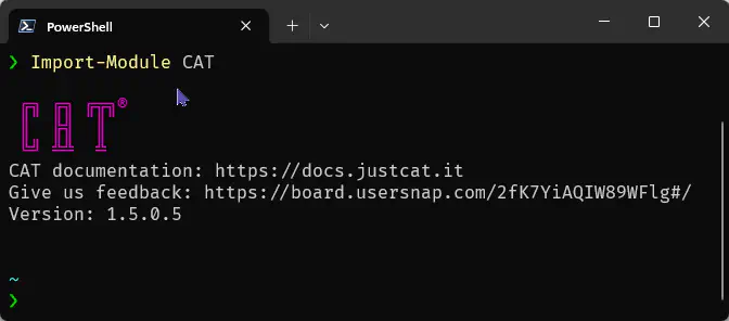PowerShell window with CAT ASCII art and useful links