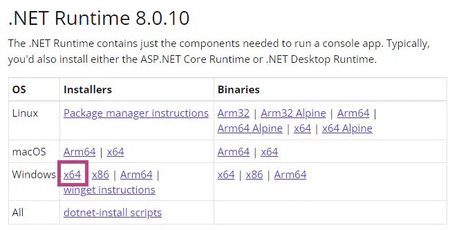 Installer for .NET runtime 8