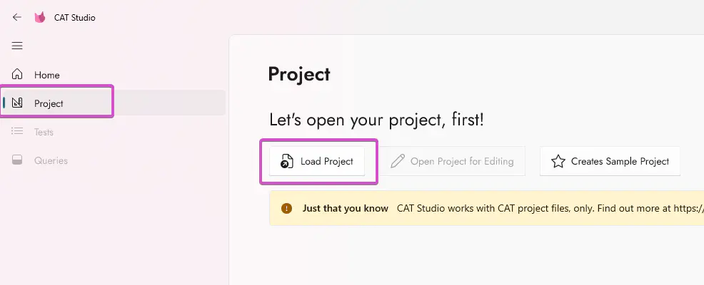 Opening a project in CAT Studio